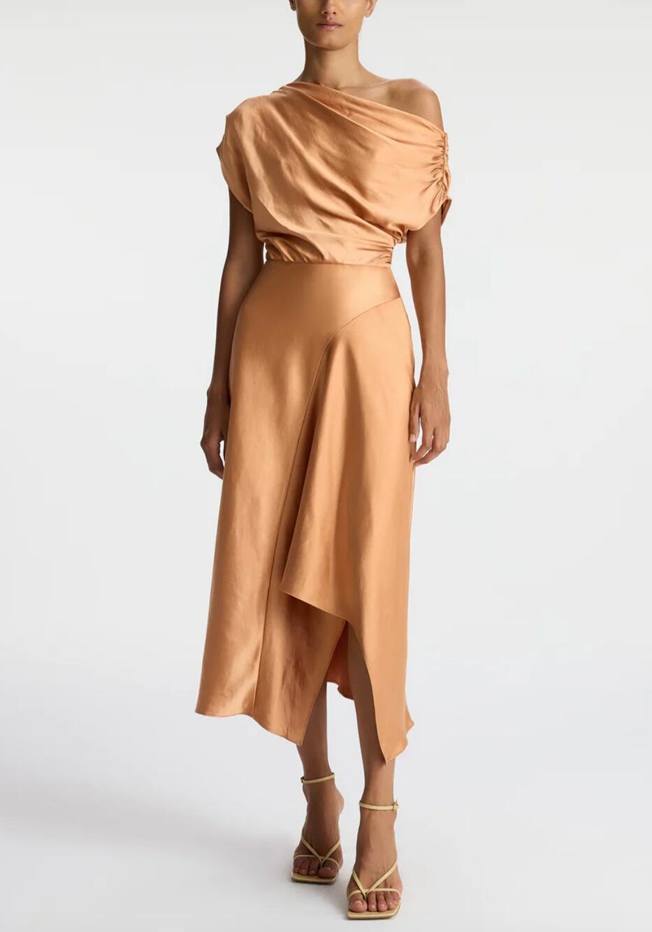 A.L.C. Jasmine Asymmetric Draped Satin Midi Dress Sandstone Light Brown Size 8